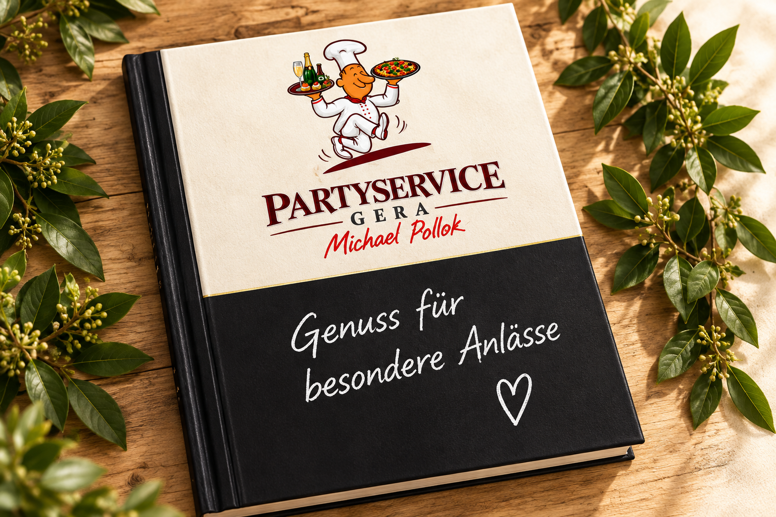 Unser Angebotskatalog auf einem Holztisch mit grünen Zweigen